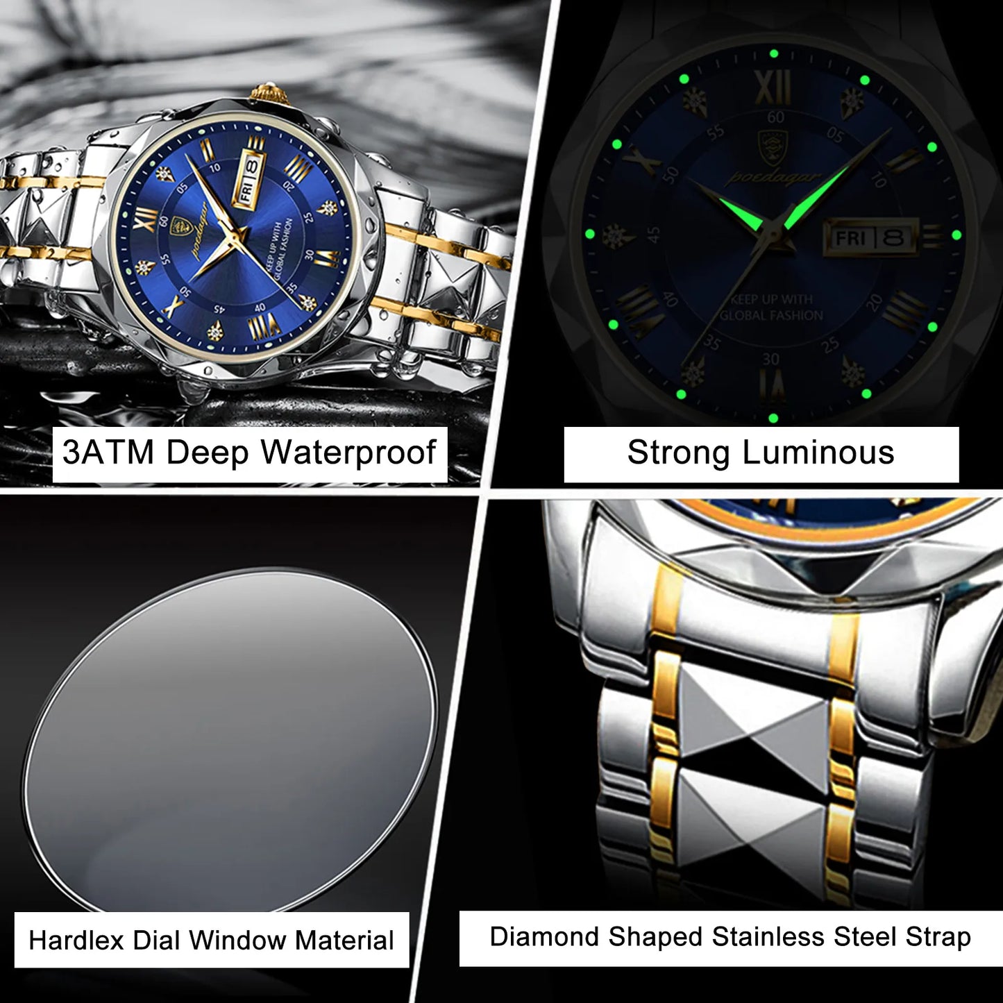 POEDAGAR Top Brand Luxury Man Wristwatch Waterproof Luminous Date Week Men Watches Stainless Steel Quartz Men's Watch Male reloj