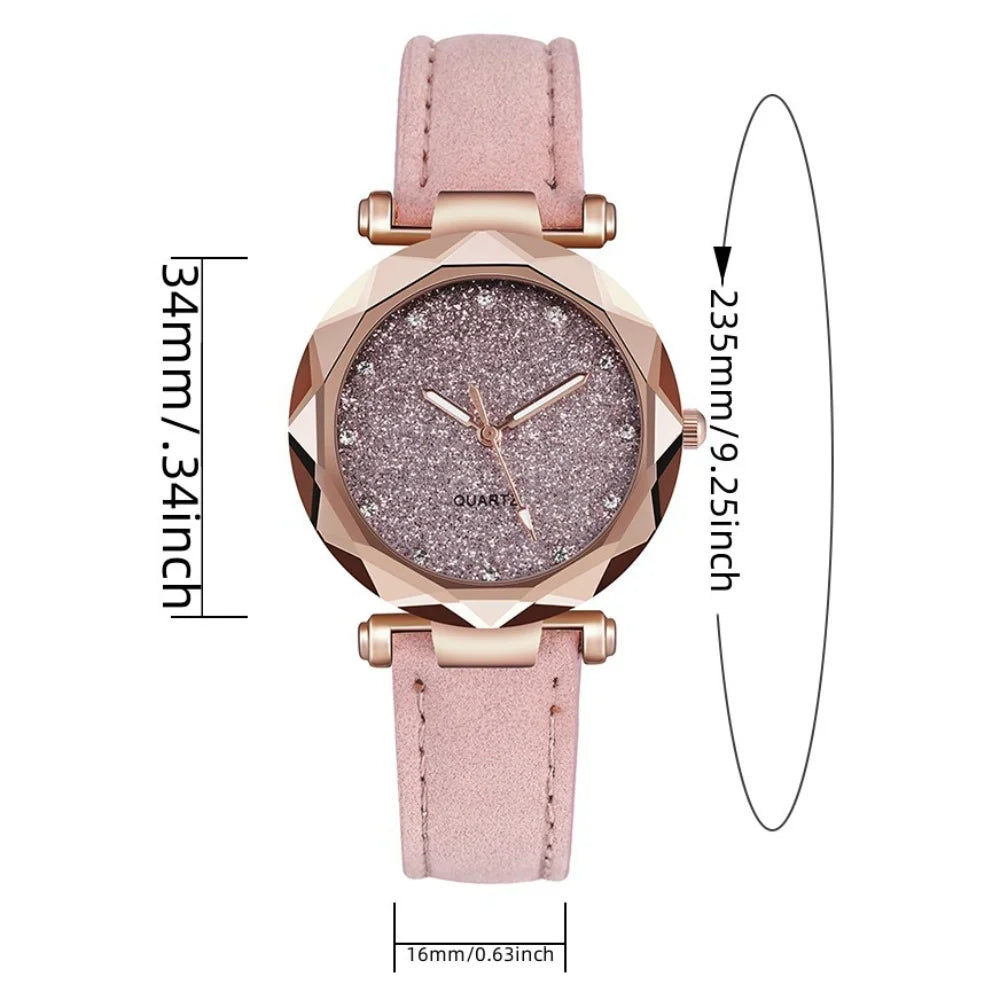 Round Face Rhinestone Star Sky Silver Pink Women for Watch Leisure Fashion Trend Frosted Belt Vintage Black Quartz Wristwatch