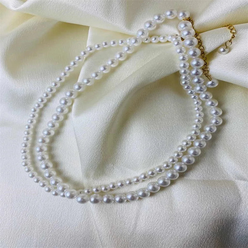 eManco New Imitation Pearl Necklace Round Multi Size White Pearl Stainless Steel Necklace Women's Collarbone Chain