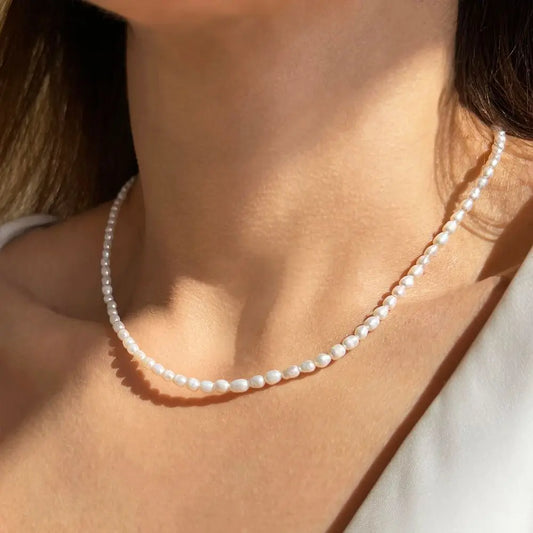 eManco 3MM Imitation Pearl Necklace Oval White Stainless Steel Necklace Women's Collarbone Chain