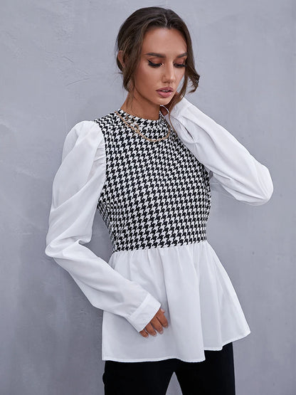 Women Elegant Houndstooth Shirt Fashion Ruffle Stitching Fluffy Long Sleeve Top Casual Chic Ladies Blouse Office White Shirts