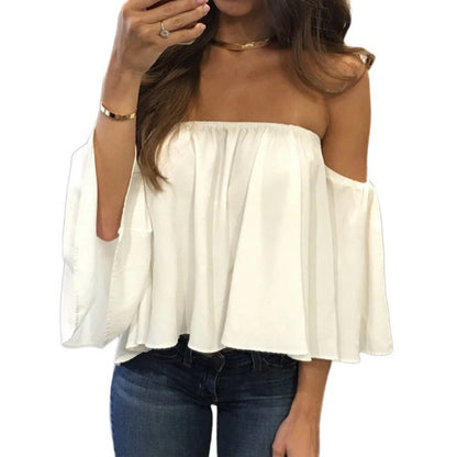 Chiffon Sexy Blouse Women Off Shoulder Blouse Top  Slash Neck Solid Top Casual Loose Beachwear Ladies Tops Women Clothing