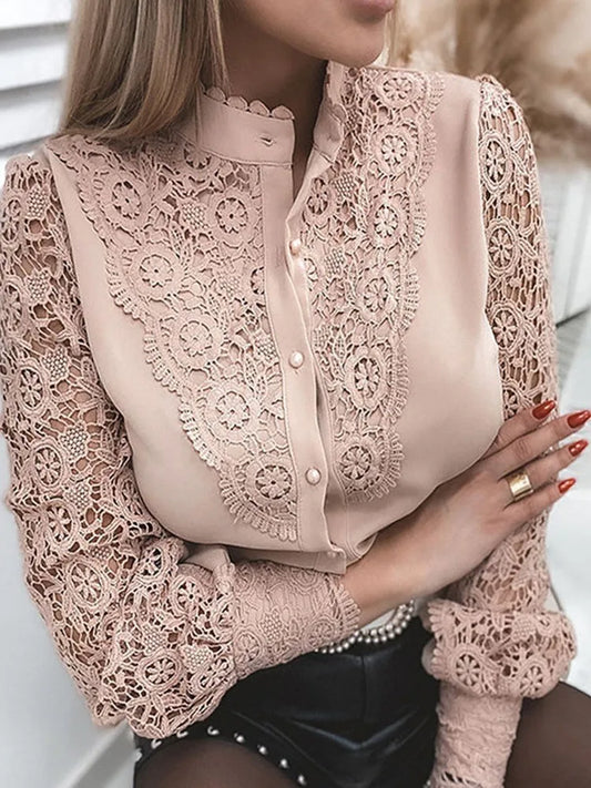 Women Sexy White Lace Patchwork Hollow Out Shirt Blouse Long Sleeve O-Neck Mesh Tops 2024 Spring Autumn Elegant Button Shirts