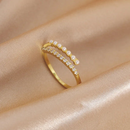 LATS Luxury Gold Color Pearl Zircon Rings for Woman 2021 Vintage Sexy Open Ring Party Joint Ring Fashion Elegant Jewelry Gifts