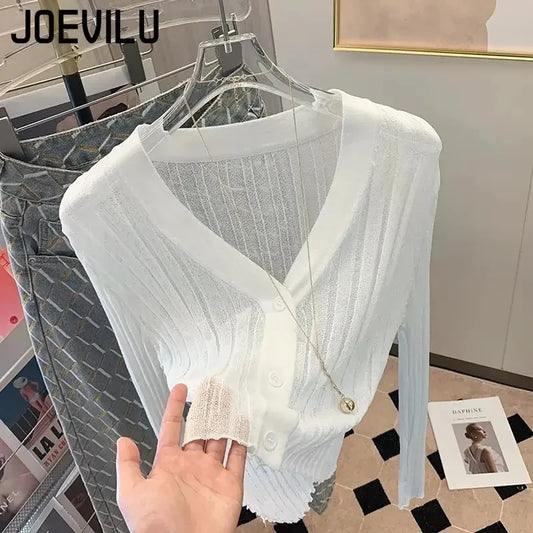 JOEVILU Knitted Cardigan Women Thin Ice Silk Shawl Sunscreen Clothing Solid Color Shirts Short Coat Pair with Skirt White Shirt