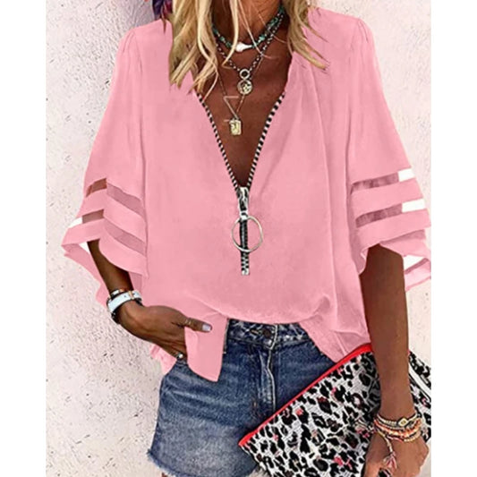 Casual Women's Shirt Top  2023 Summer Sexy V-Neck Zipper 3/4 Flare Sleeve Solid Color Patched Loose Blouse Women Clothing S-XXL