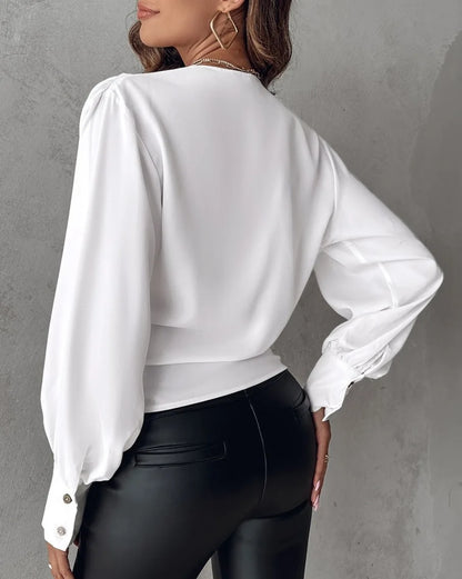 Sexy V Neck Long Sleeve Shirt Blouse Office Lady Spring Autumn Fashion Elegant Solid White Shirt For Women 2023 Female Tops