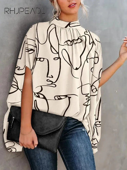 Casual Loose Women's Blouse Fashion Batwing Sleeve Print O-neck Shirts Top 2023 Spring Summer Office Lady Blouses Elegant Tops