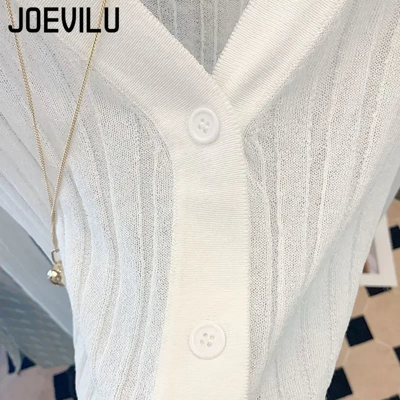 JOEVILU Knitted Cardigan Women Thin Ice Silk Shawl Sunscreen Clothing Solid Color Shirts Short Coat Pair with Skirt White Shirt