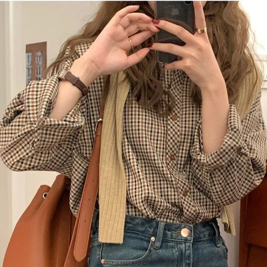 Plaid Shirts Women Retro Turn-down Collar Blouses All-match Straight Hong Kong Style Button Up Elegant Long Sleeve Outwear Femme