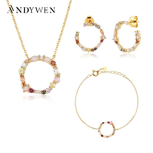 ANDYWEN 100% 925 Sterling Silver Gold Spring Love Round Circle Pendant Long Chain Necklace Stud Earring Bracelet Jewelry Set