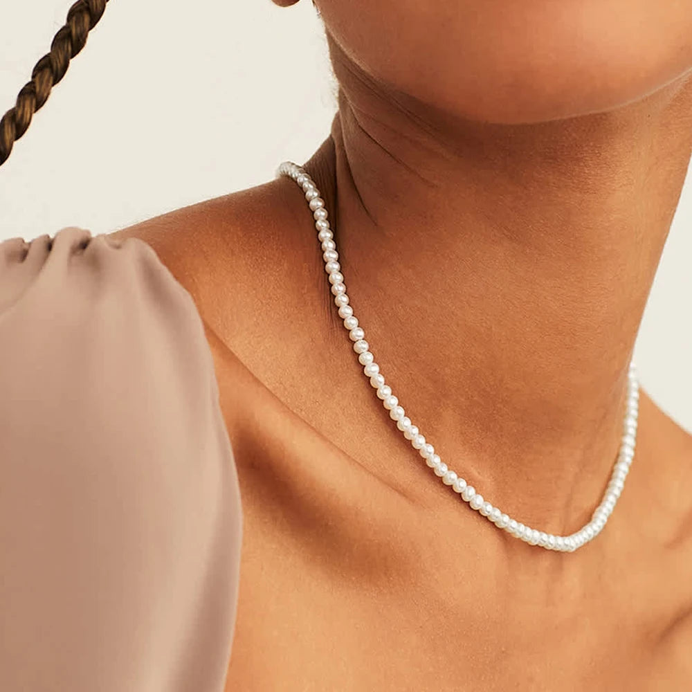 eManco New Imitation Pearl Necklace Round Multi Size White Pearl Stainless Steel Necklace Women's Collarbone Chain