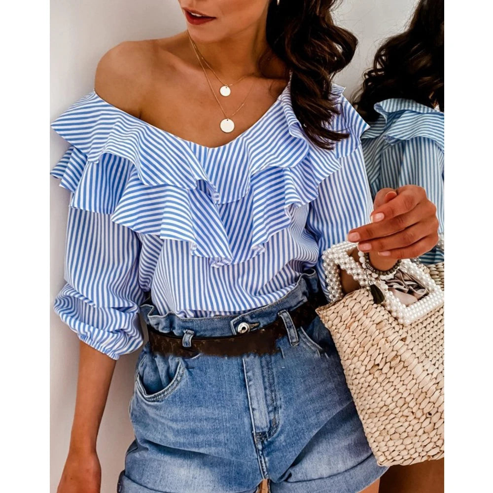 2022 Fashion Ladies Off shoulder Ruffles Stripe Blouse OL Elegant Loose Elbow Sleeve Blouse Shirts Streetwear T-shirts