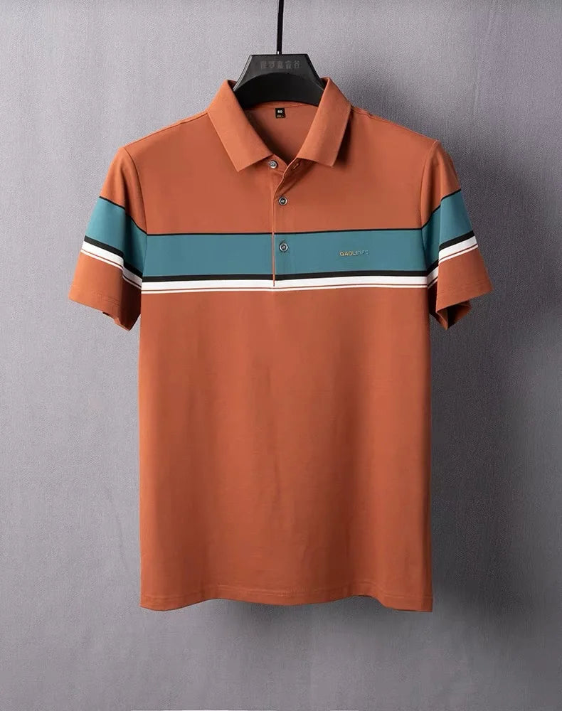 Light luxury fashion striped polo shirt for men's printed short sleeved top summer new comfortable and breathable casual T-shirt