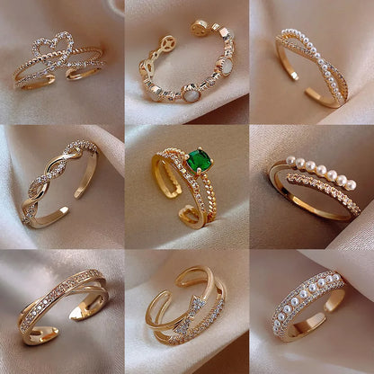 LATS Luxury Gold Color Pearl Zircon Rings for Woman 2021 Vintage Sexy Open Ring Party Joint Ring Fashion Elegant Jewelry Gifts