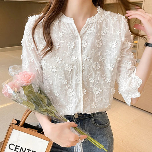 Summer Tops Lace Blouses Women Embroidery Floral Cotton White Shirt 2023 Fashion Casual Short Sleeve Women's Shirts Blusas 9638