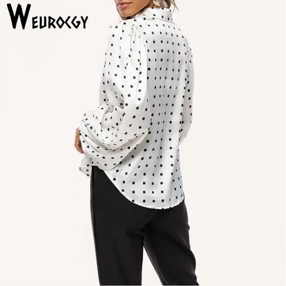 Summer Fashion Leisure Elegant Harajuku Polka Dot Elegant Blouses Button Loose Long Lantern Sleeve Lapel Party Tops Women Shirts