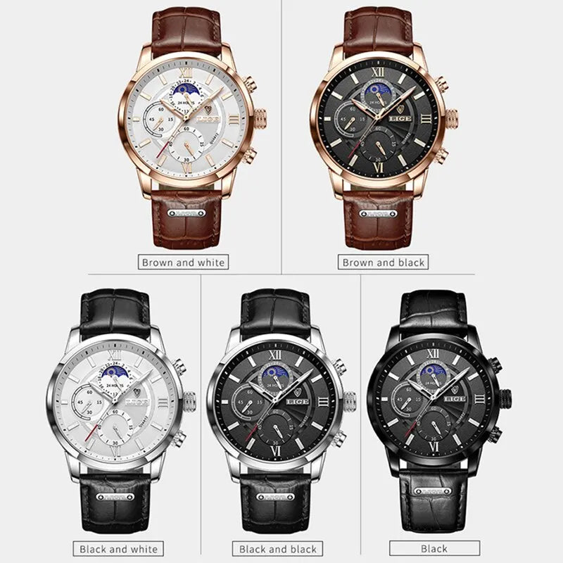 LIGE 2024 New Mens Watches Top Brand Luxury Brown Leather Casual Quartz Watch Men Sport Waterproof Clock Watch Relogio Masculino