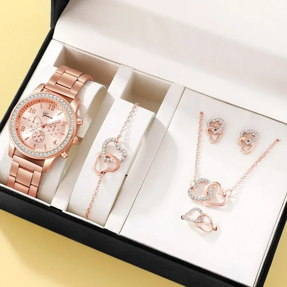 New 6PCS Set Rose Gold Luxury Watch Women Ring Necklace Earring Rhinestone Fashion Wristwatch Casual Ladies Bracelet Watches