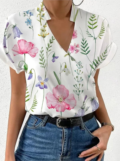 Shirts For Women 2023 Summer Loose V-neck Stand Collar Print Tops And Blouses Blusas Elegantes Finas Para Mujer Casual T Shirt