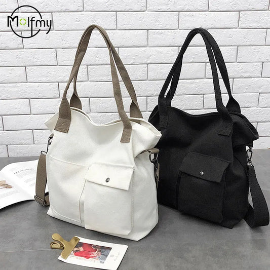 Fashion Canvas Bags students Handbag Shoulder Bag Large Capacity Solid Color Totes Shopper Bag Casual Female Cross Body Bag 2024