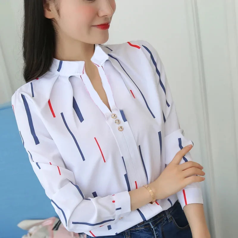 JFUNCY Women's Blouses Office Lady OL Work Shirts Long Sleeve Women Tops Fashion Casual White Stripe Print Female Slim Shirt