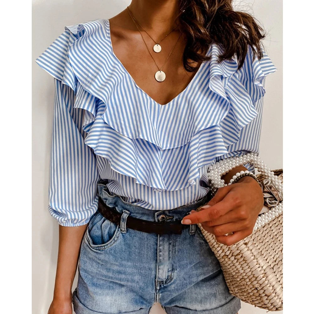 2022 Fashion Ladies Off shoulder Ruffles Stripe Blouse OL Elegant Loose Elbow Sleeve Blouse Shirts Streetwear T-shirts