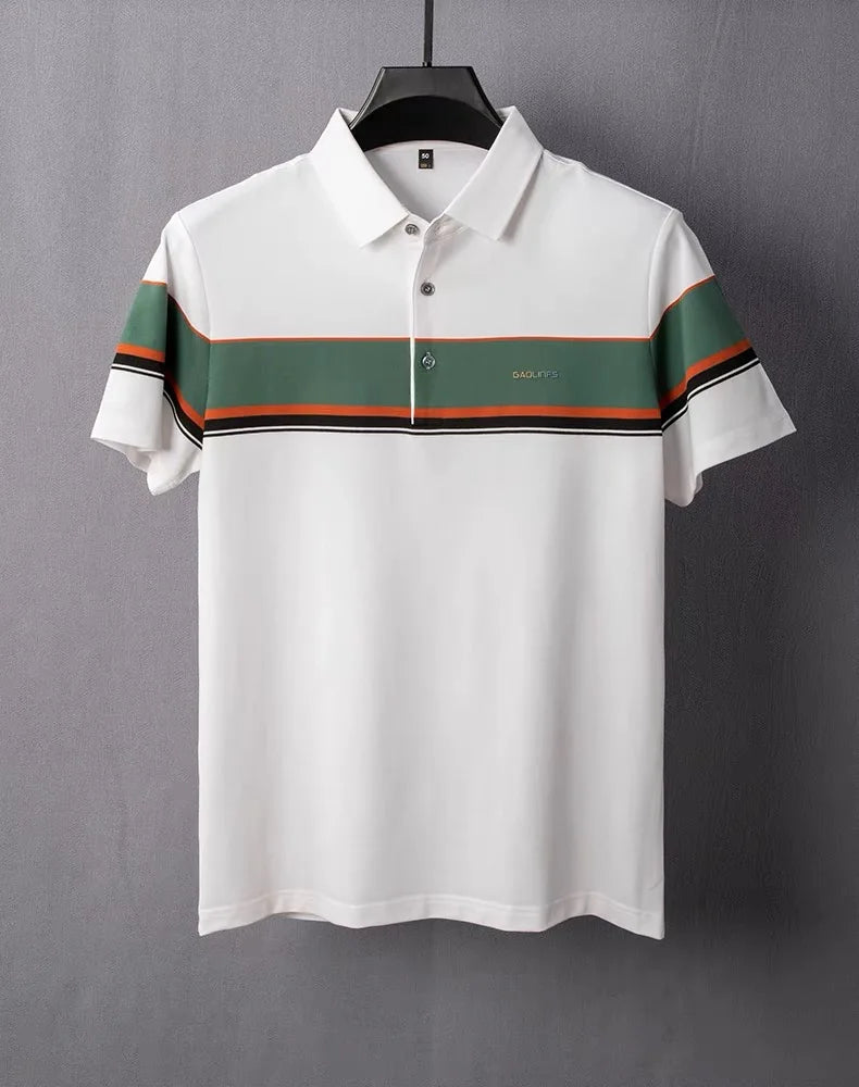 Light luxury fashion striped polo shirt for men's printed short sleeved top summer new comfortable and breathable casual T-shirt