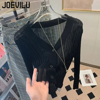 JOEVILU Knitted Cardigan Women Thin Ice Silk Shawl Sunscreen Clothing Solid Color Shirts Short Coat Pair with Skirt White Shirt