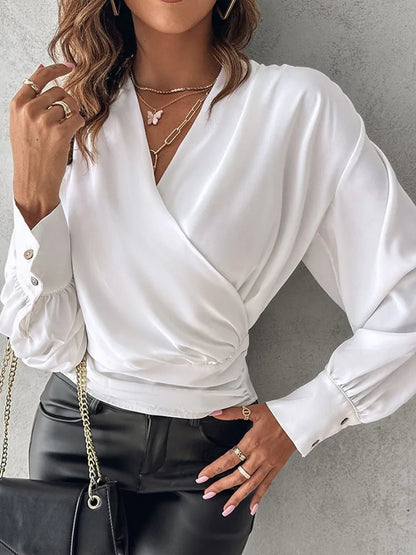 Sexy V Neck Long Sleeve Shirt Blouse Office Lady Spring Autumn Fashion Elegant Solid White Shirt For Women 2023 Female Tops