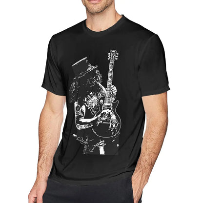 Slash Guitar T-Shirt Men Guns N Roses Band Funny Pure Cotton Tee Shirt Round Neck Short Sleeve T Shirt Original Clothing