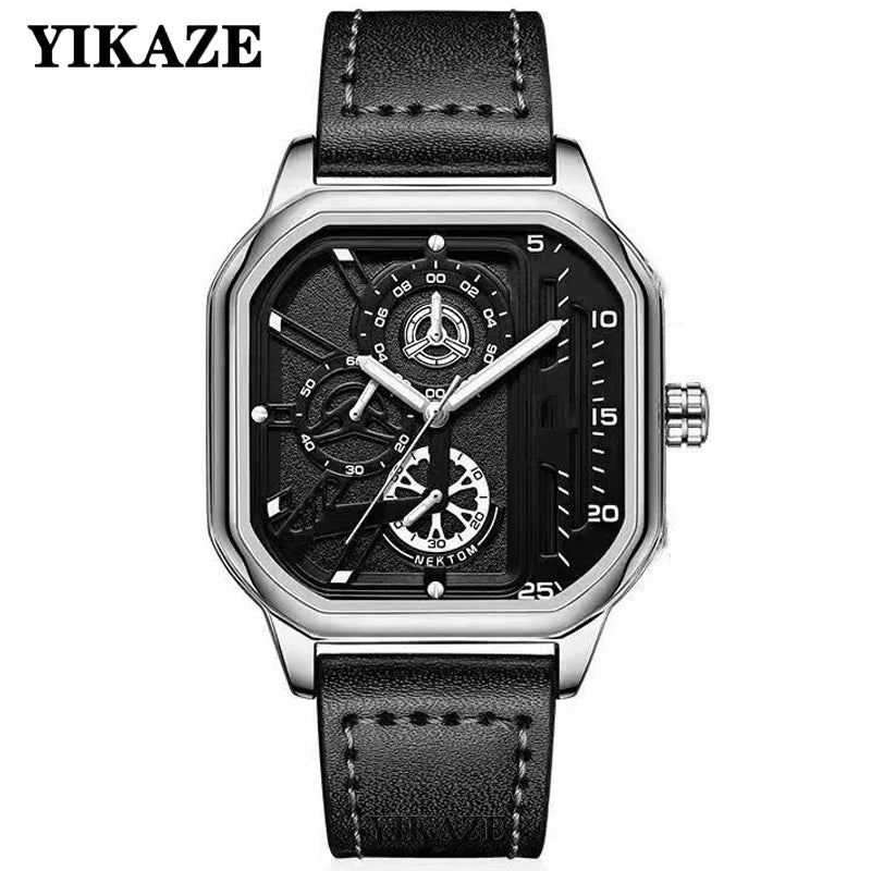 YIKAZE Alloy Men Quartz Watches Leather Strap Big Dial Student Square Sports Watch Cool Black Men's Watch Waterproof  Wristwatch