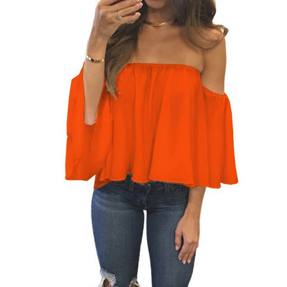 Chiffon Sexy Blouse Women Off Shoulder Blouse Top  Slash Neck Solid Top Casual Loose Beachwear Ladies Tops Women Clothing