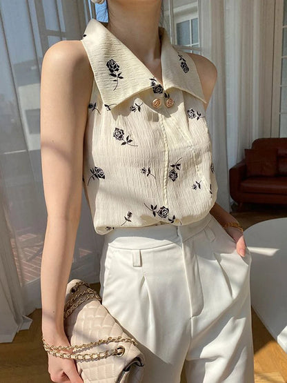 Jmprs Vintage Print Sleeveless Shirt Women Korean Elegant Chiffon Blouse Summer Retro Design Turn Down Collar Office Lady Tops