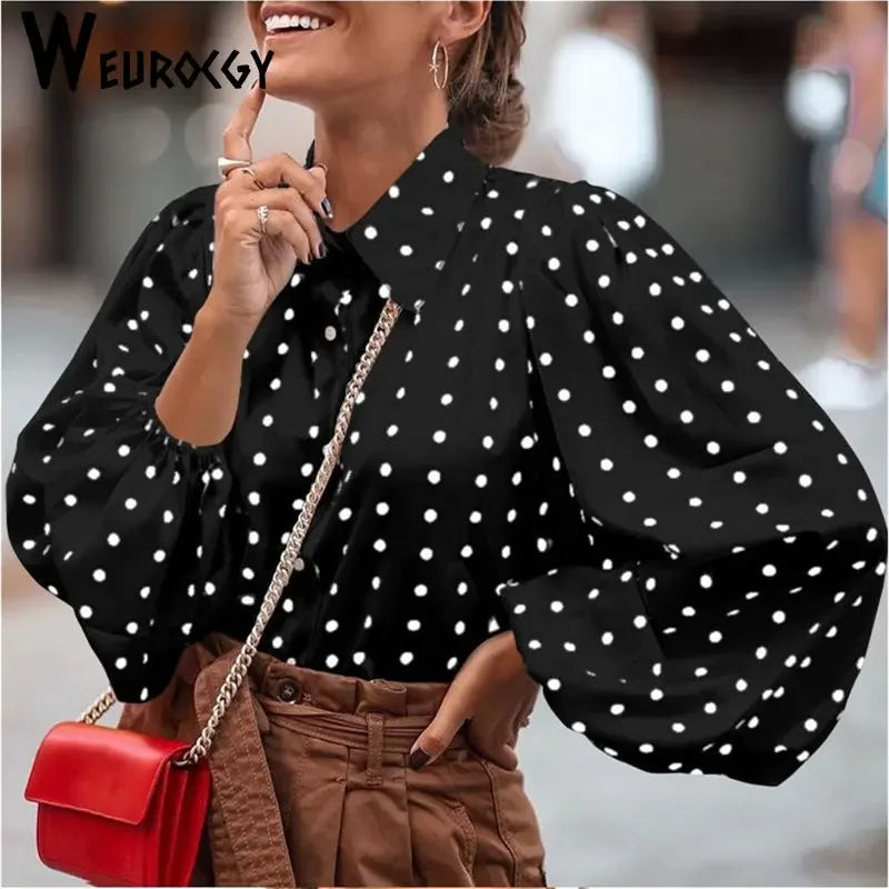 Summer Fashion Leisure Elegant Harajuku Polka Dot Elegant Blouses Button Loose Long Lantern Sleeve Lapel Party Tops Women Shirts