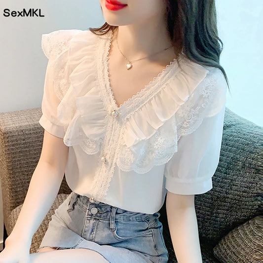 Summer Chiffon Lace Blouses Women 2023 Elegant Fashion White Blusas Femininas Casual Slim Vintage Puff Sleeve Ladies Tops Mujer