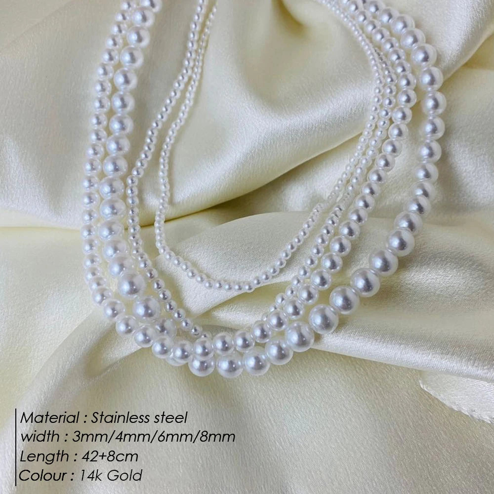 eManco New Imitation Pearl Necklace Round Multi Size White Pearl Stainless Steel Necklace Women's Collarbone Chain