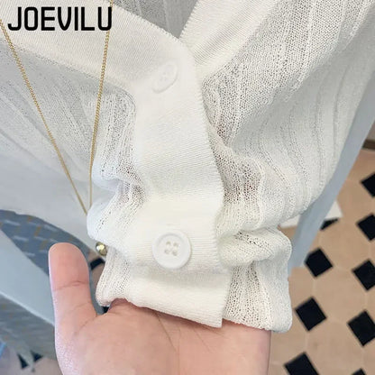 JOEVILU Knitted Cardigan Women Thin Ice Silk Shawl Sunscreen Clothing Solid Color Shirts Short Coat Pair with Skirt White Shirt