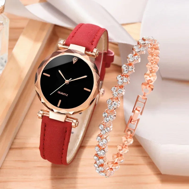 2pcs Luxury Fashion Women Watch Set PU Leather Strap Ladies Quartz Wristwatch Rhinestone RoseGold Alloy Bracelet For Ladies Gift