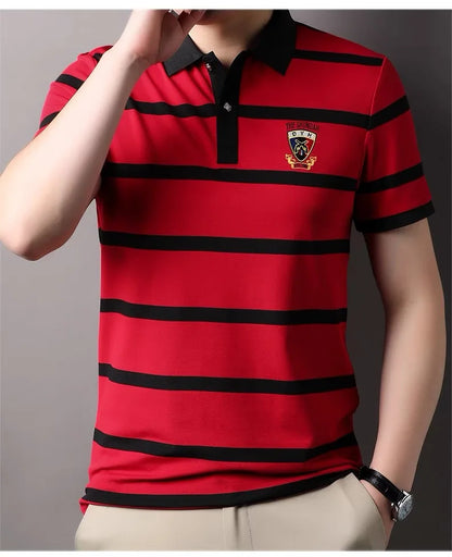 High end brand embroidered men's striped polo shirt short sleeved 2024 summer comfortable breathable top fashion casual T-shirt