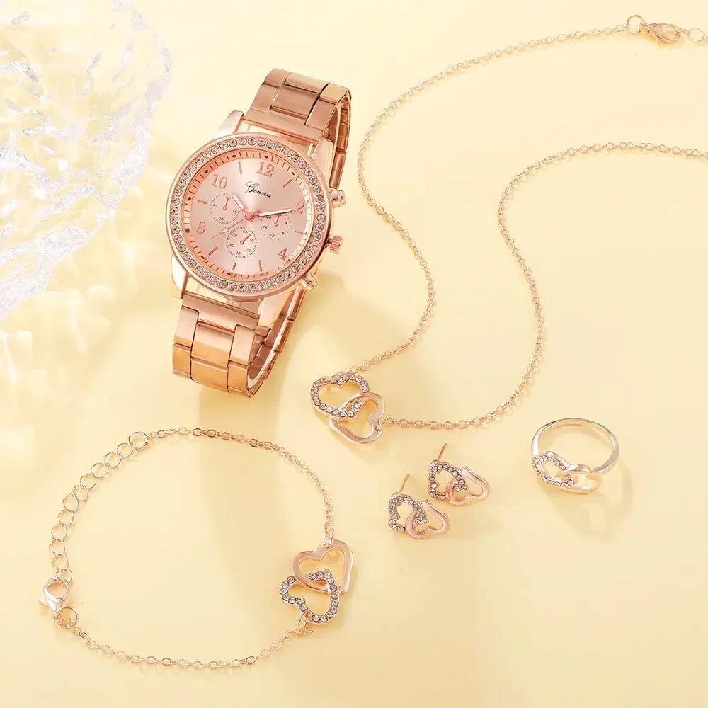 New 6PCS Set Rose Gold Luxury Watch Women Ring Necklace Earring Rhinestone Fashion Wristwatch Casual Ladies Bracelet Watches