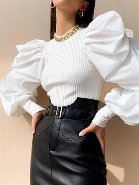 Hirigin OL Women Ladies Long Puff Sleeve Blouse Spring Fall Fashion Elegant Shirts Top Solid Color Female Mujeres Blusas Camisas