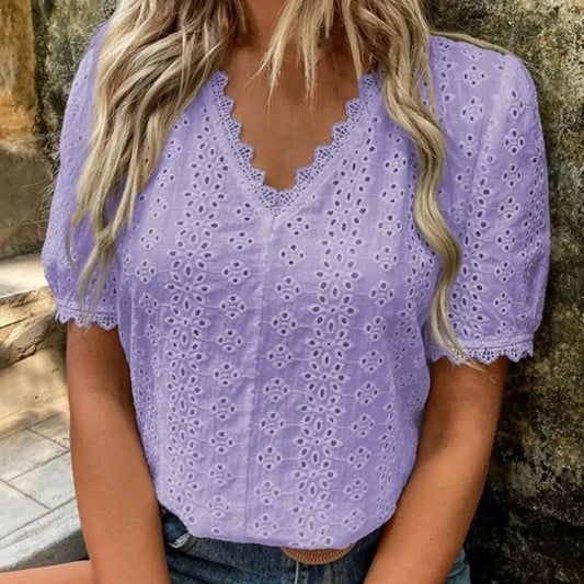 Lady Tee Top V-Neck Short Sleeve Solid Color Women Blouse Lace Spliced Hollow Summer Pullover Top Female Streetwear