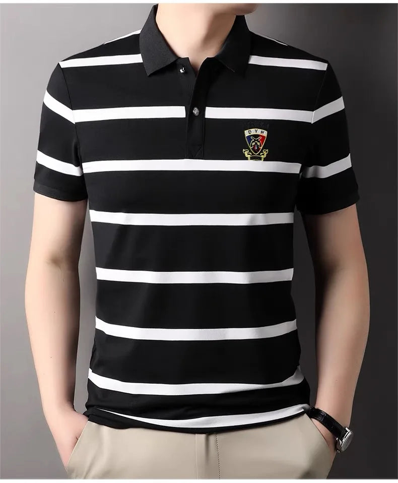 High end brand embroidered men's striped polo shirt short sleeved 2024 summer comfortable breathable top fashion casual T-shirt