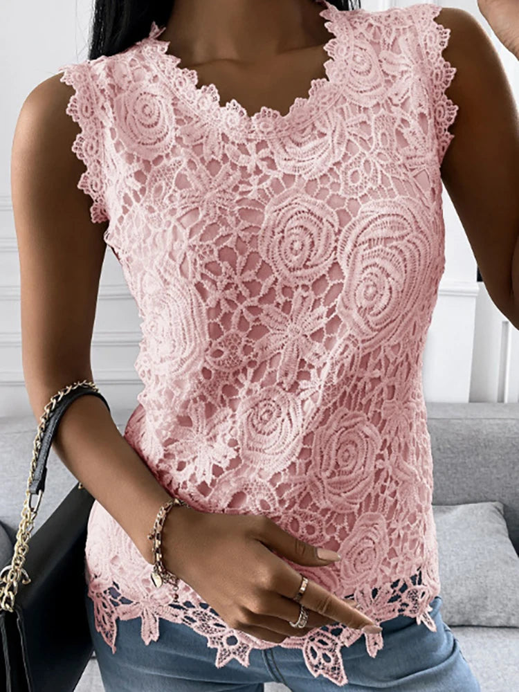 Elegant Lace Patchwork Sleeveless Blouse Sexy Vintage Slim Shirt Women Summer Casual O Neck Solid Tanks Harajuku Top Tunics