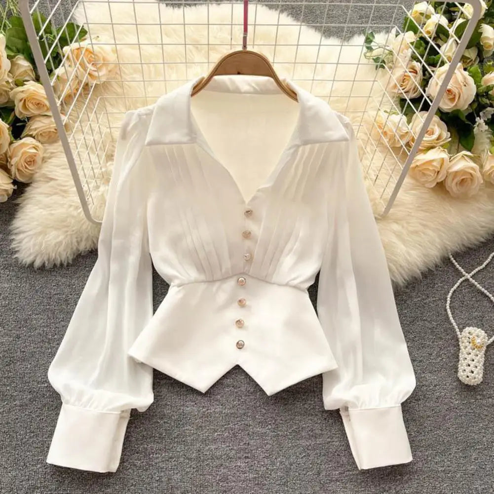 Women French Style Shirt Lapel V-neck Puff Long Sleeve Shirt Buttons Decor Blouse Irregular Hem Solid Color Tops Camisa De Mujer