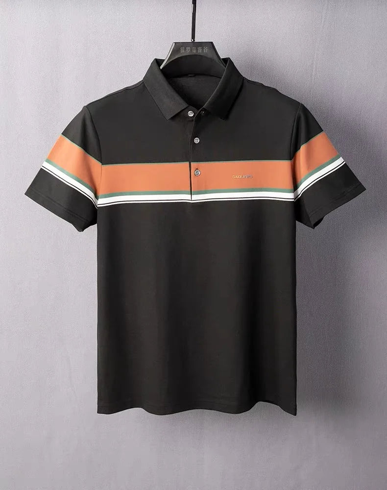 Light luxury fashion striped polo shirt for men's printed short sleeved top summer new comfortable and breathable casual T-shirt