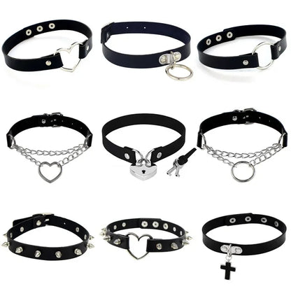 1PC Punk Rock Gothic PU Leather Necklace Heart Round Spike Rivet Collar Studded Choker Chain Necklace 100% Handmade Body Jewelry