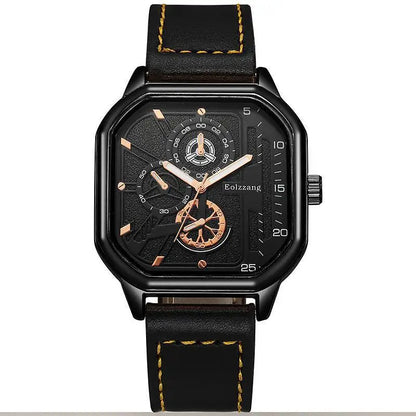 YIKAZE Alloy Men Quartz Watches Leather Strap Big Dial Student Square Sports Watch Cool Black Men's Watch Waterproof  Wristwatch