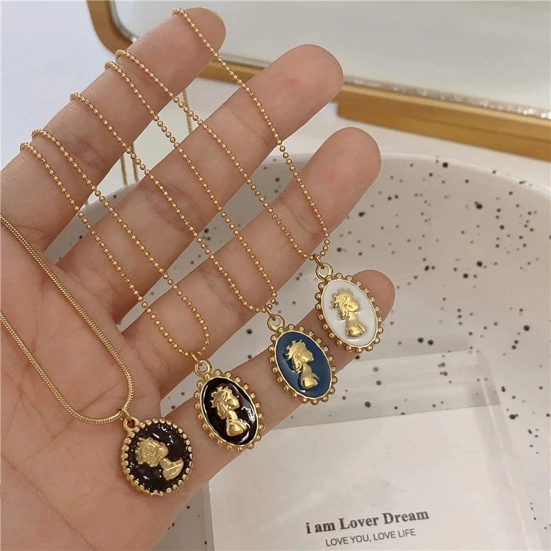 HangZhi 2021 New Korean Vintage Water Drop Star Round Bear Oval Pendant Necklace Geometric Gold Color Titanium Steel Jewelry